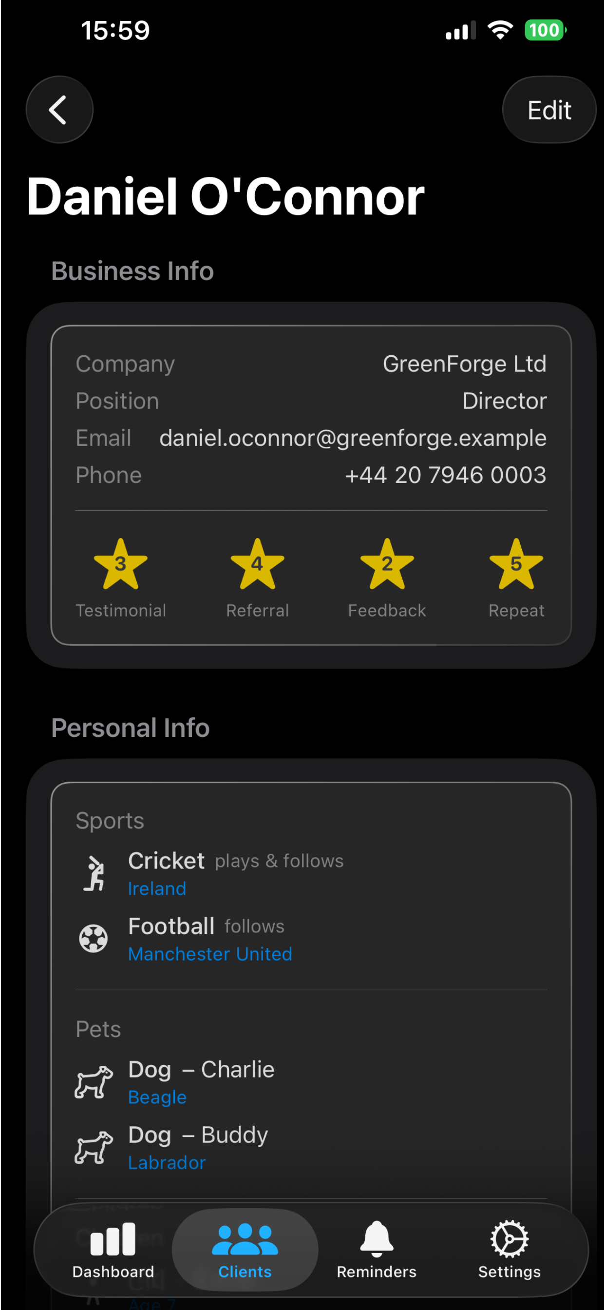 Ten Touches client detail screen with relationship data