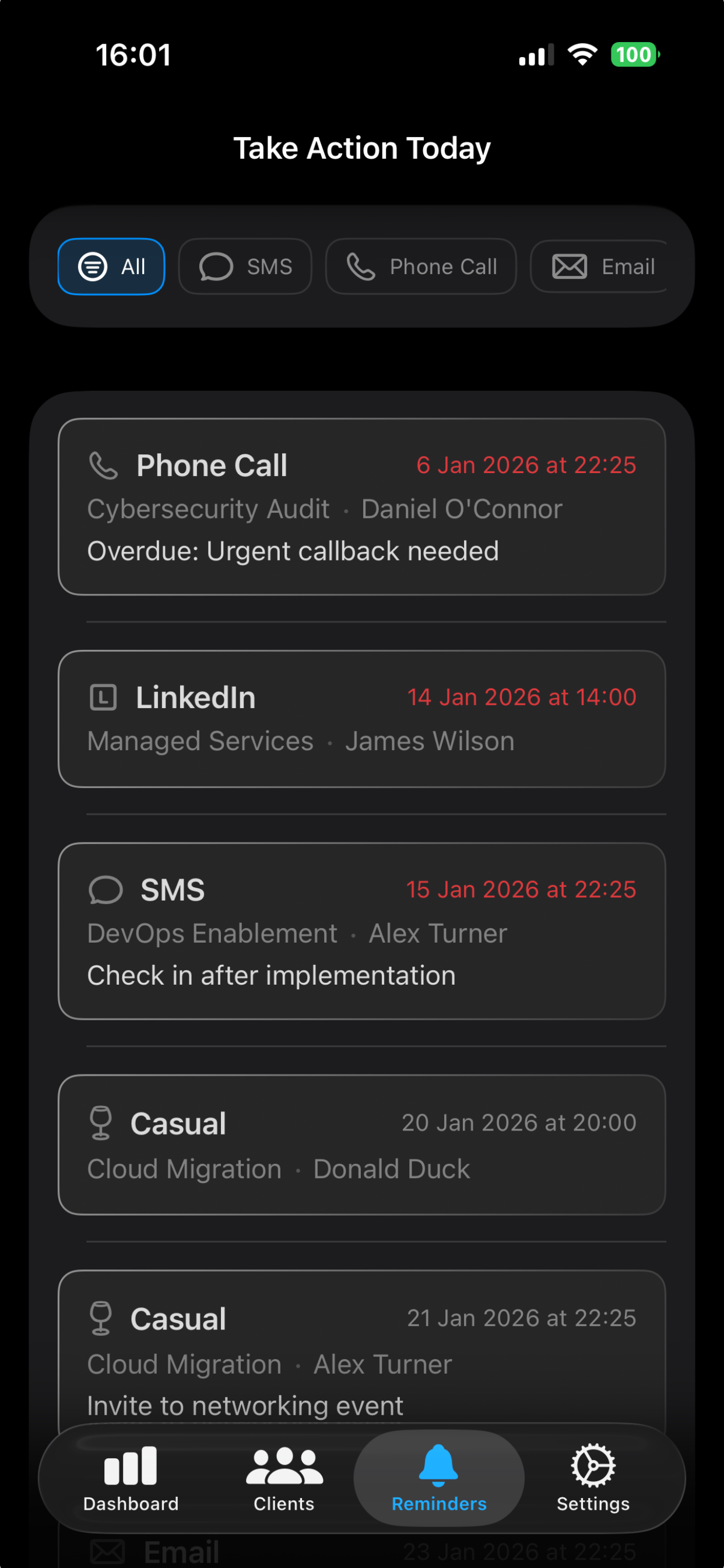 Ten Touches reminders screen showing action-based follow-ups